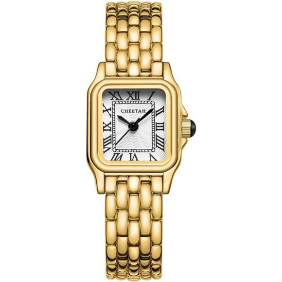 Gold Watches for Women with Small Vintage Bracelet, Rectangular Case Roman Dial